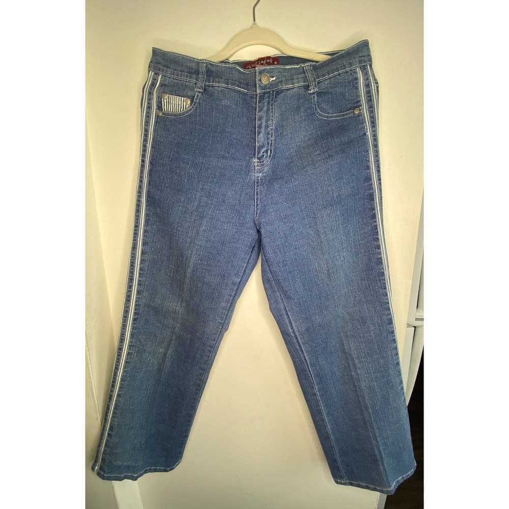 Solo‎ Jeans Womens Size 12 Medium Wash Straight Leg Side Stripe Denim Blue Pants